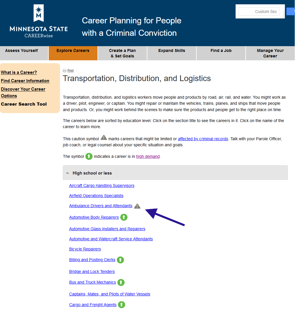 Screen shot of Career Search web page.